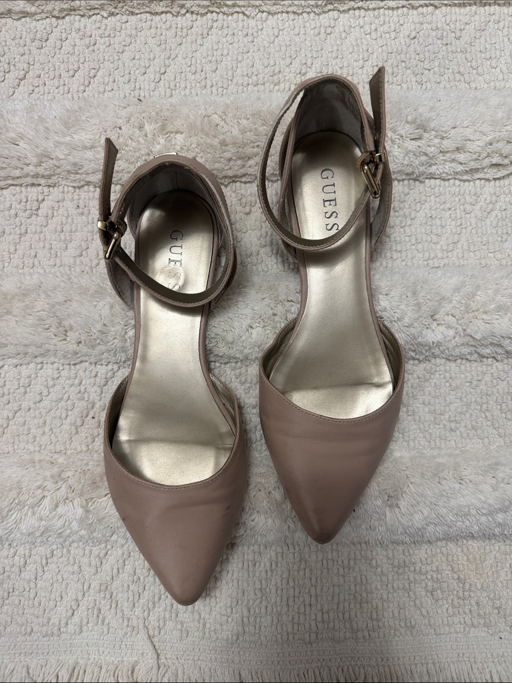 GUESS Nude-Pink Pointed Toe Ankle Strap Heels